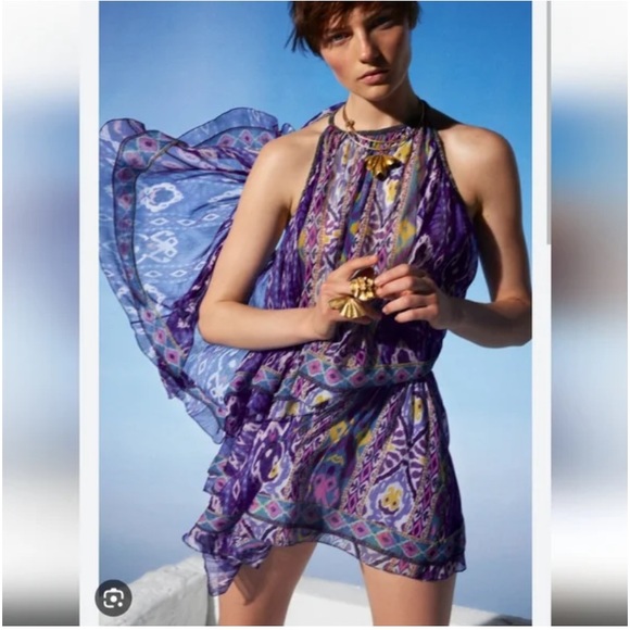 💙 ZARA BOHO BLUE MULTI ABSTRACT COLD SHOULDER LOOSE FIT CROPPED TOP! - Picture 13 of 16